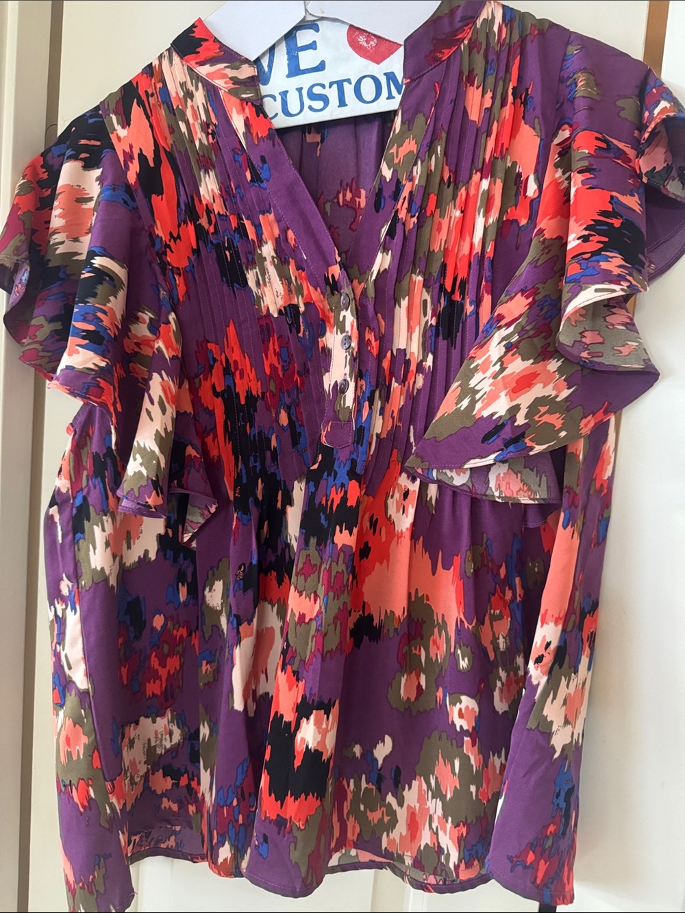entro Purple Multicolor Abstract Floral Ruffle V-Neck Top